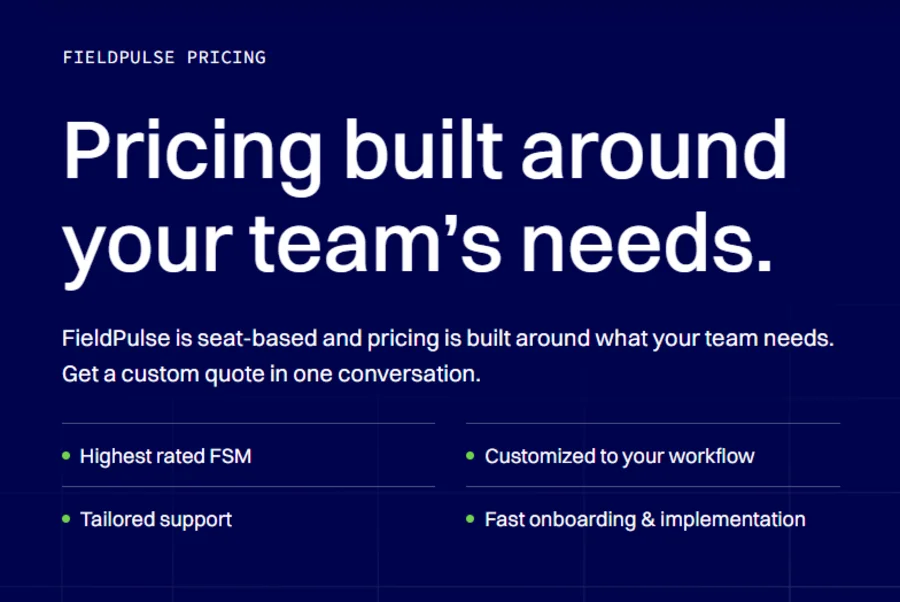 FieldPulse pricing page showing seat-based custom pricing for service teams