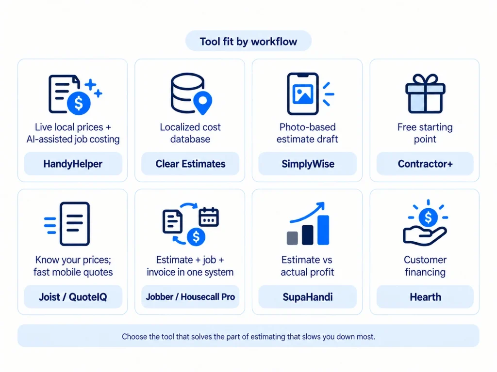 Handyman estimating software recommendations by workflow, including cost estimating, mobile quotes, job management, profit tracking, and financing