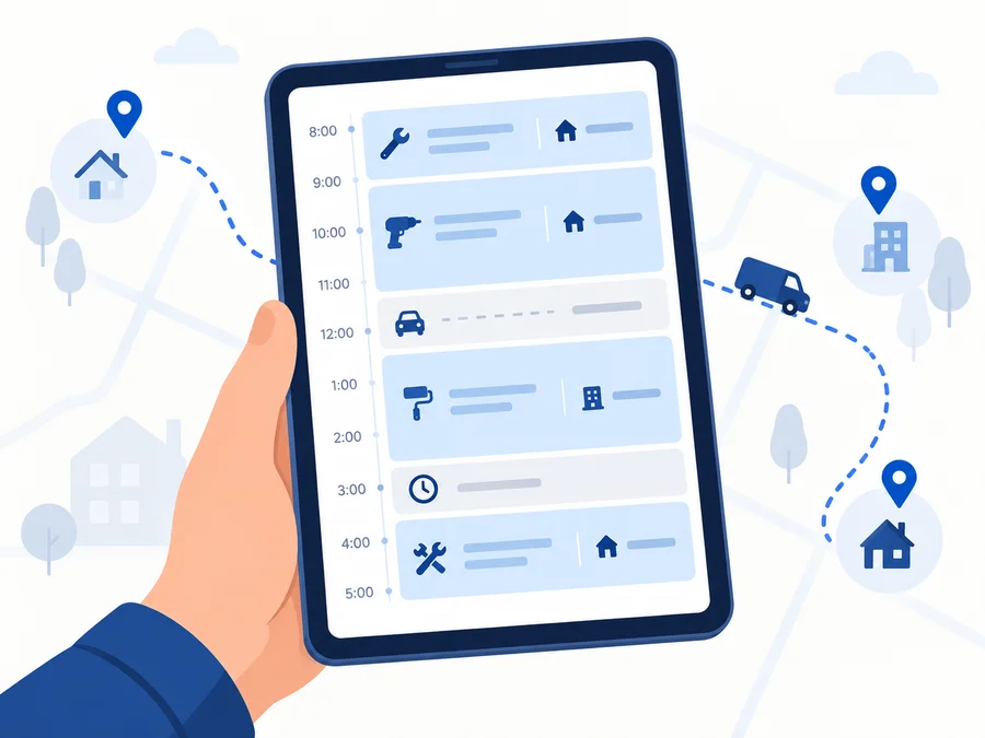 Handyman reviewing a scheduling app with appointments, locations, and travel gaps