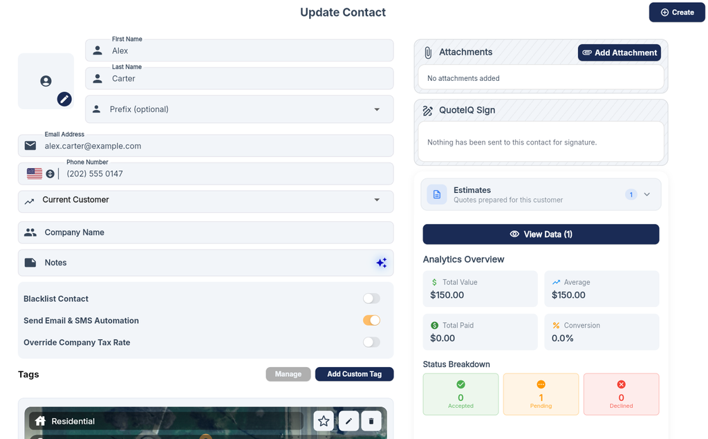 QuoteIQ customer CRM record showing contact and job information