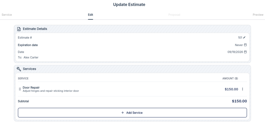 QuoteIQ estimate builder with service line items and pricing