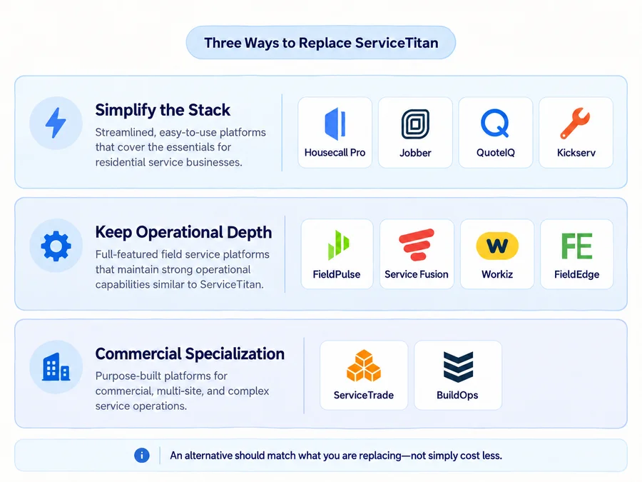 Three ServiceTitan replacement paths for simpler residential, operationally deep, and commercial service businesses