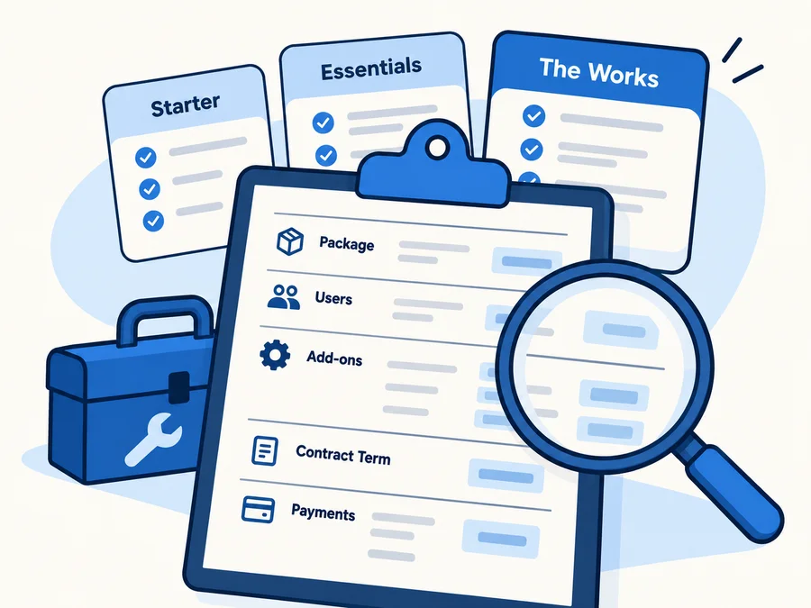 ServiceTitan pricing quote with packages, users, add-ons, contract terms, and payment costs