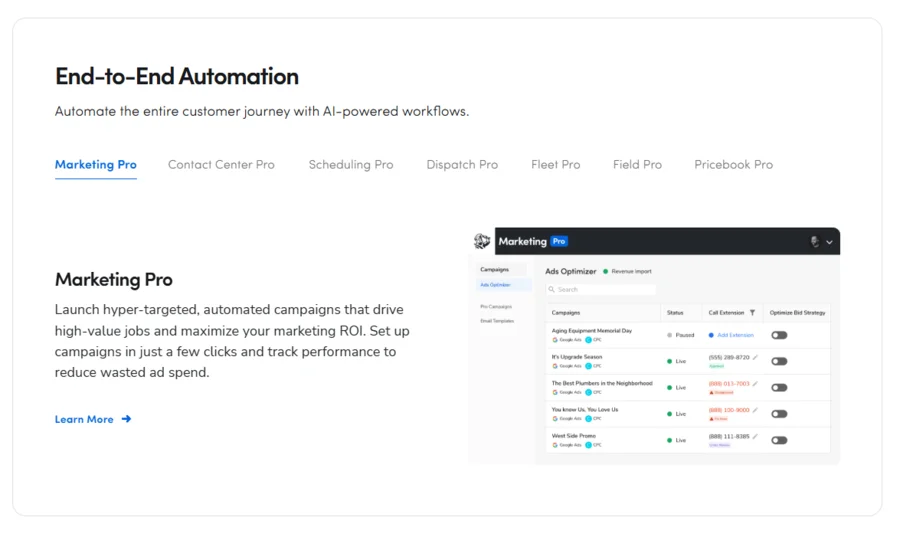 ServiceTitan Pro Products including Marketing Pro, Contact Center Pro, Scheduling Pro, Dispatch Pro, Fleet Pro, Field Pro, and Pricebook Pro